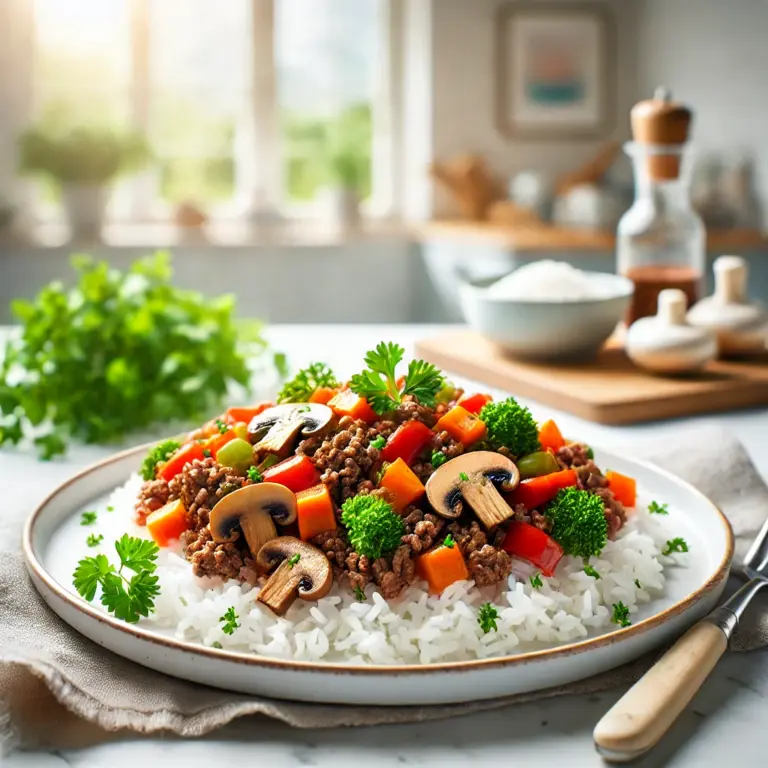 Fitness-Hackfleischpfanne mit Karotten, Pilzen und Paprika