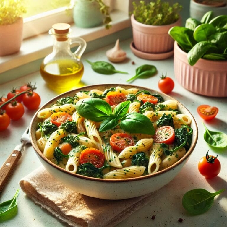 Vegane One-Pot-Pasta mit Spinat und Tomaten