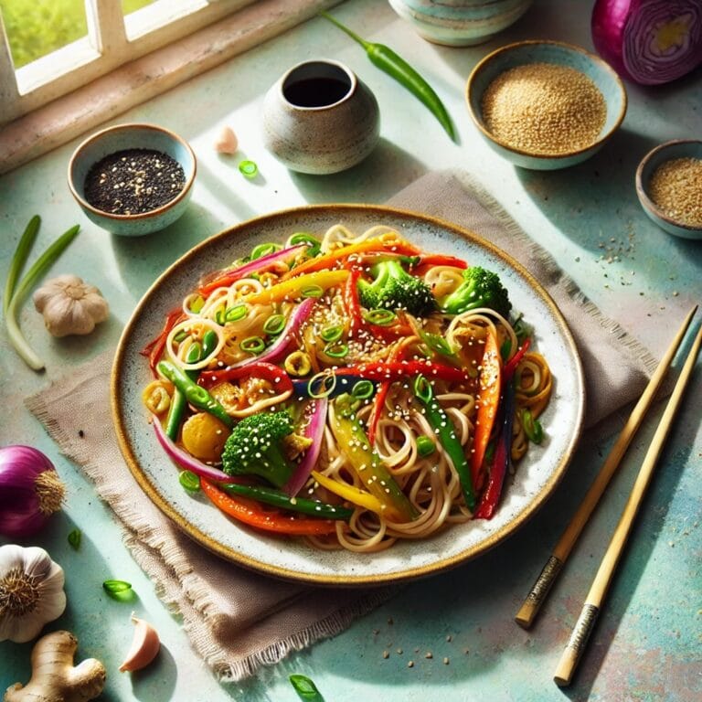 Vegane Asia-Gemüsepfanne mit Reisnudeln