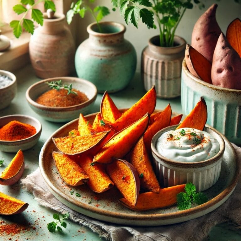 5-Zutaten-Rezept: Knusprige Süßkartoffel-Wedges mit Joghurt-Dip 