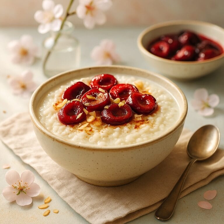 Reis-Porridge mit Kokosmilch, Vanille & gebackenen Kirschen – cremig, warm & frühlingshaft