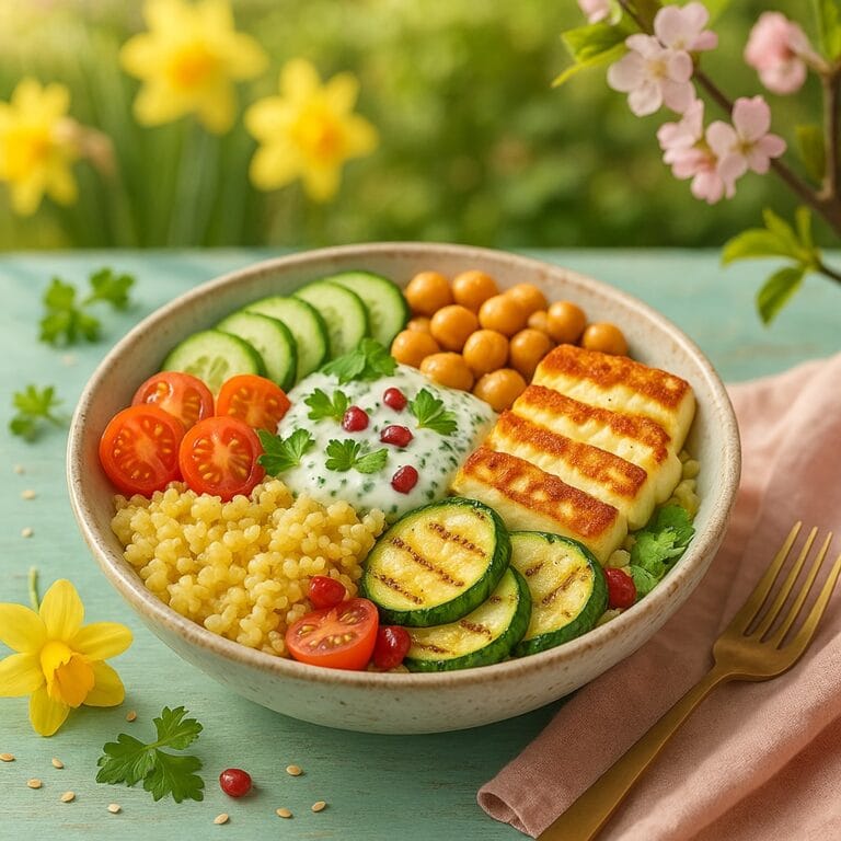 Frühlings-Bulgur-Bowl mit Halloumi, Kichererbsen & Kräuterdressing