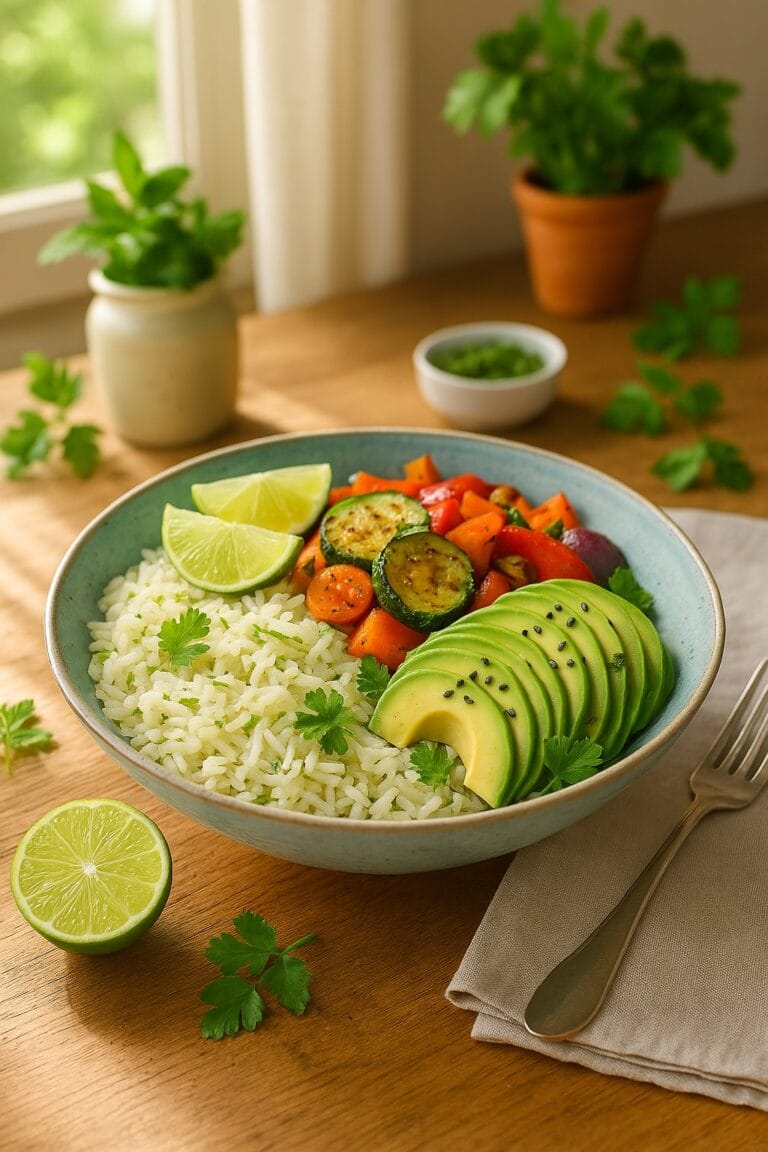 Limettenreis mit Avocado & gebratenem Gemüse