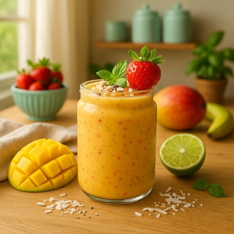 Tropischer Sommer-Smoothie mit Mango, Erdbeeren & Limette