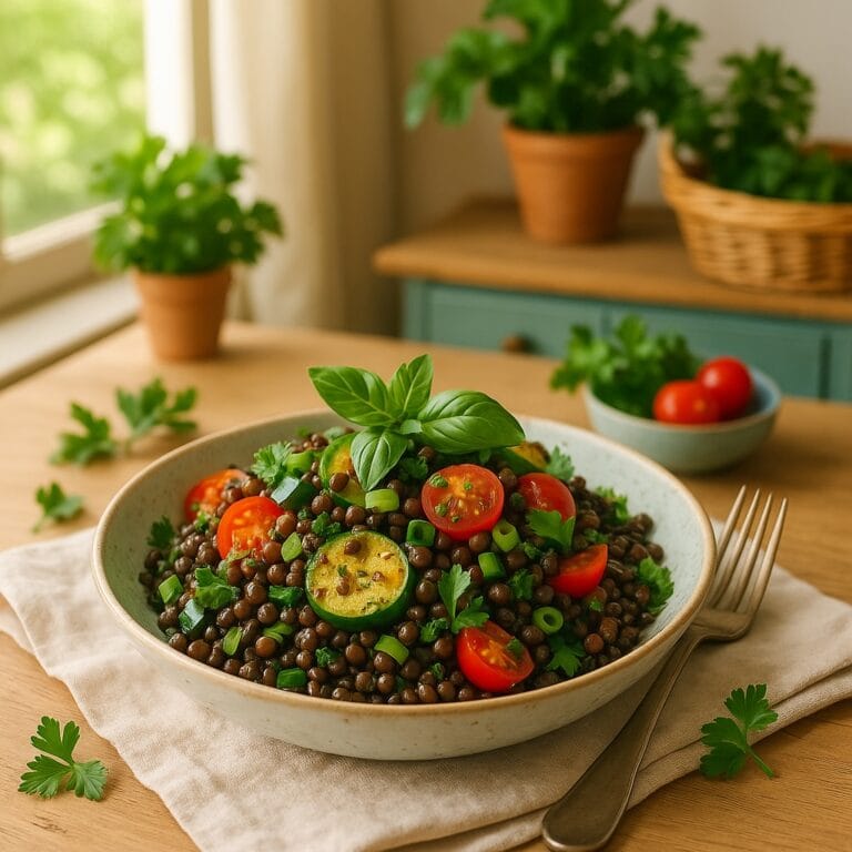 Lauwarmer Linsen-Tomatensalat mit gerösteter Zucchini & frischen Kräutern