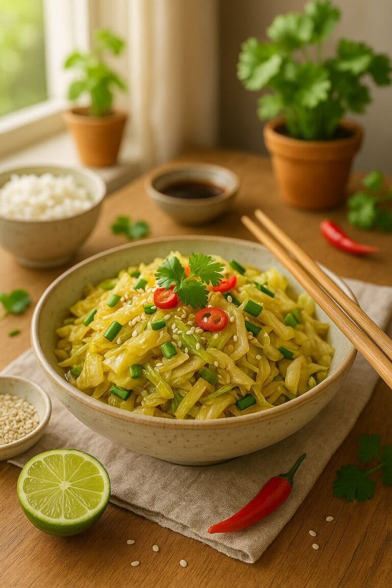 Asiatisches Spitzkohlcurry mit Garnelen & Reis