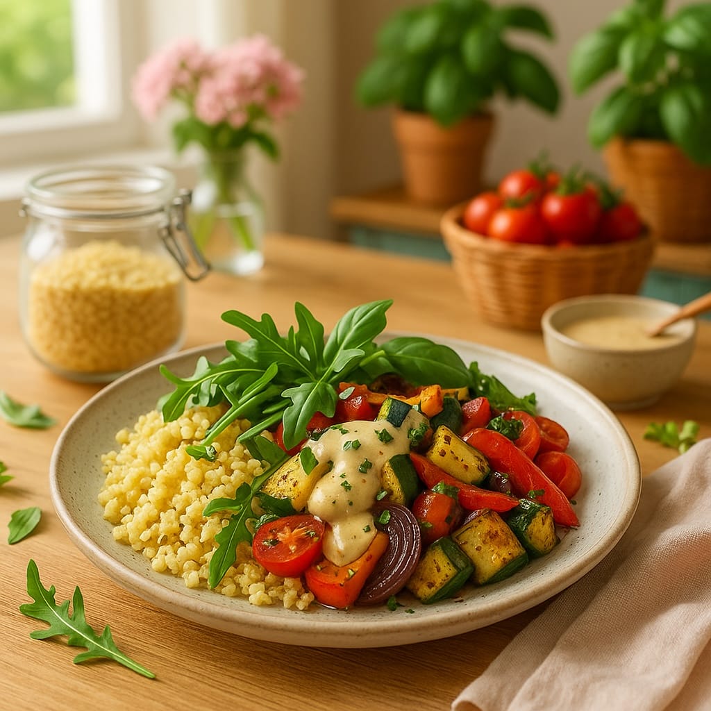 Mediterrane Hirse-Bowl mit geröstetem Gemüse & Zitronen-Tahini-Dressing