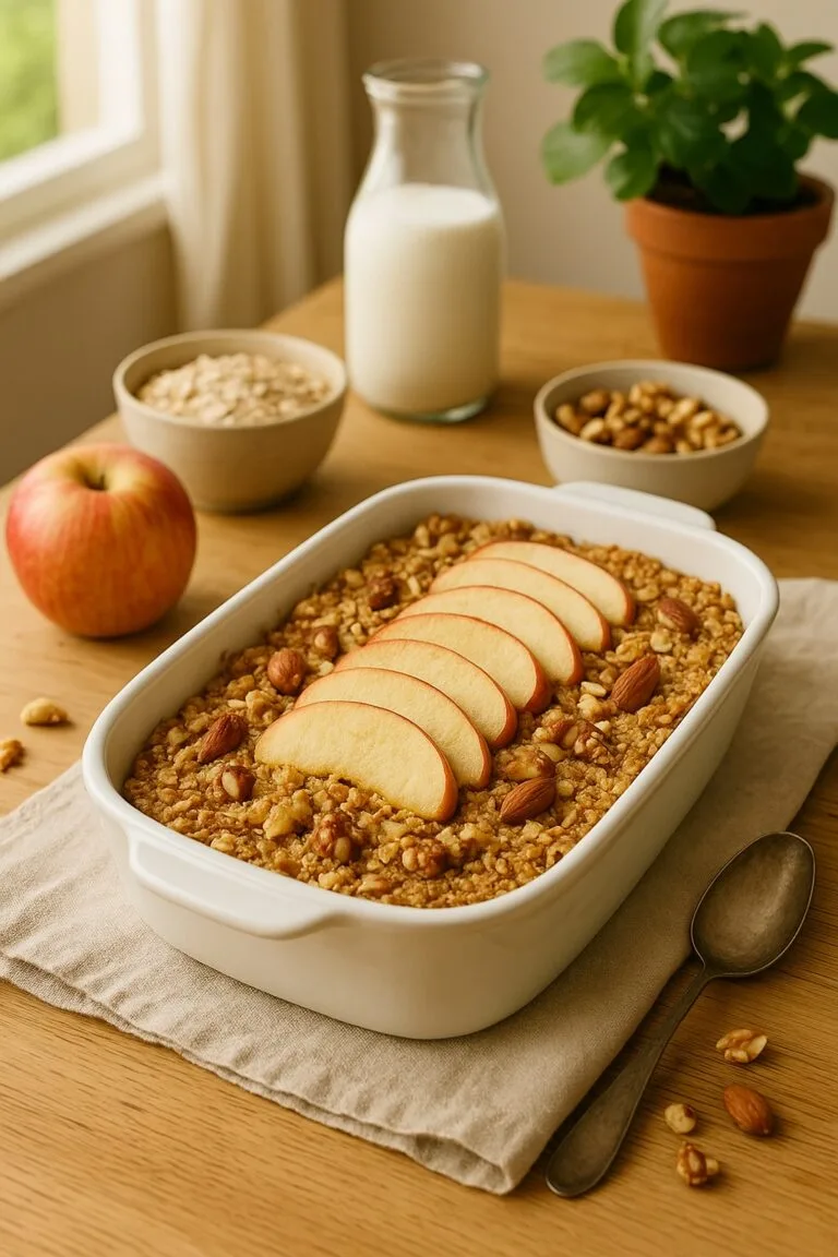 Apfel-Nuss-Baked Oats (ohne Ei, vegan, sättigend)