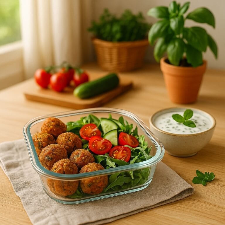 Vegane Linsenbällchen mit Joghurt-Kräuter-Dip & Salat