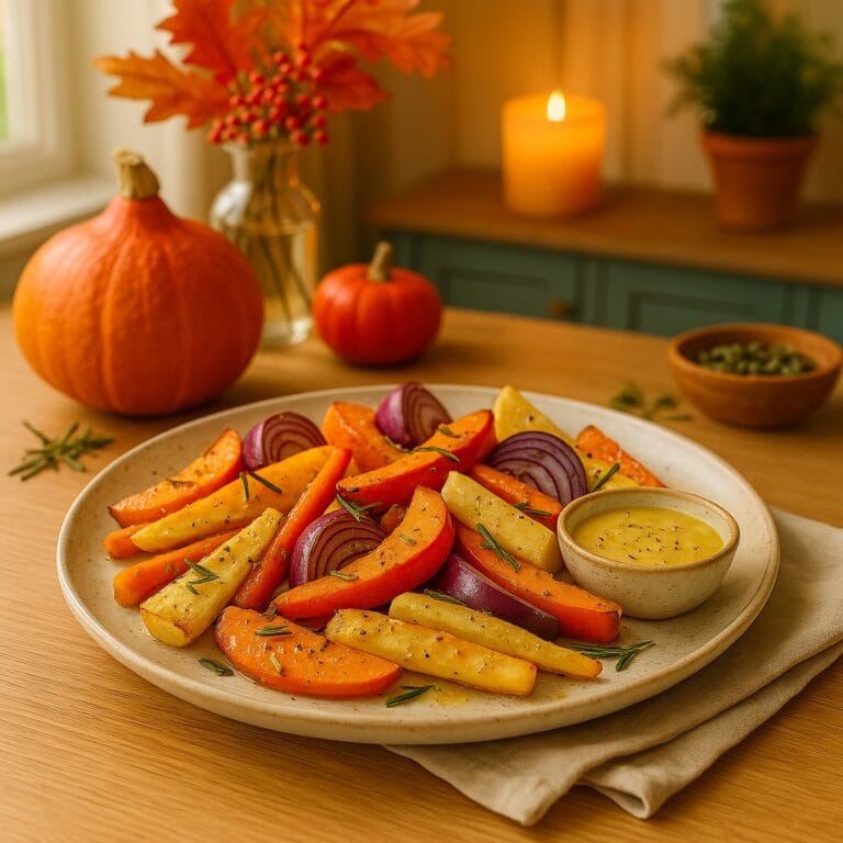 Herbstliches Ofengemüse mit Honig-Senf-Dressing – einfach, bunt & lecker